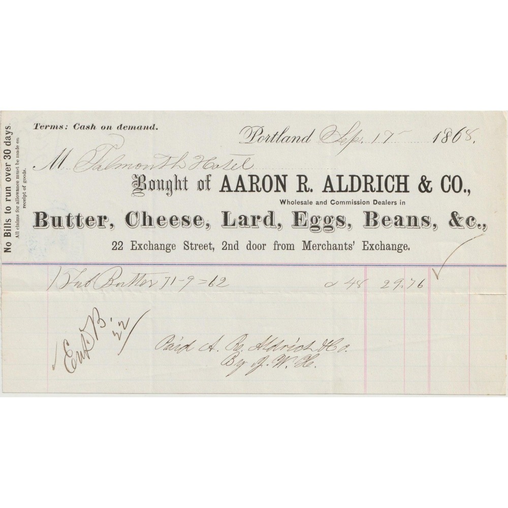 1868 Aaron R Aldrich Co Portland Maine Receipt Falmouth Hotel Butter Cheese Eggs